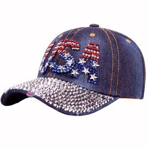 USA Denim Bling Rhinestone Cap Hat - NEW Fast Ship